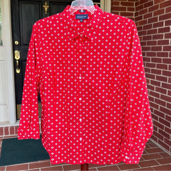 Jones New York Red and White Diamond Print 100% Cotton Non-Iron Blouse Size 3X - Picture 1 of 13